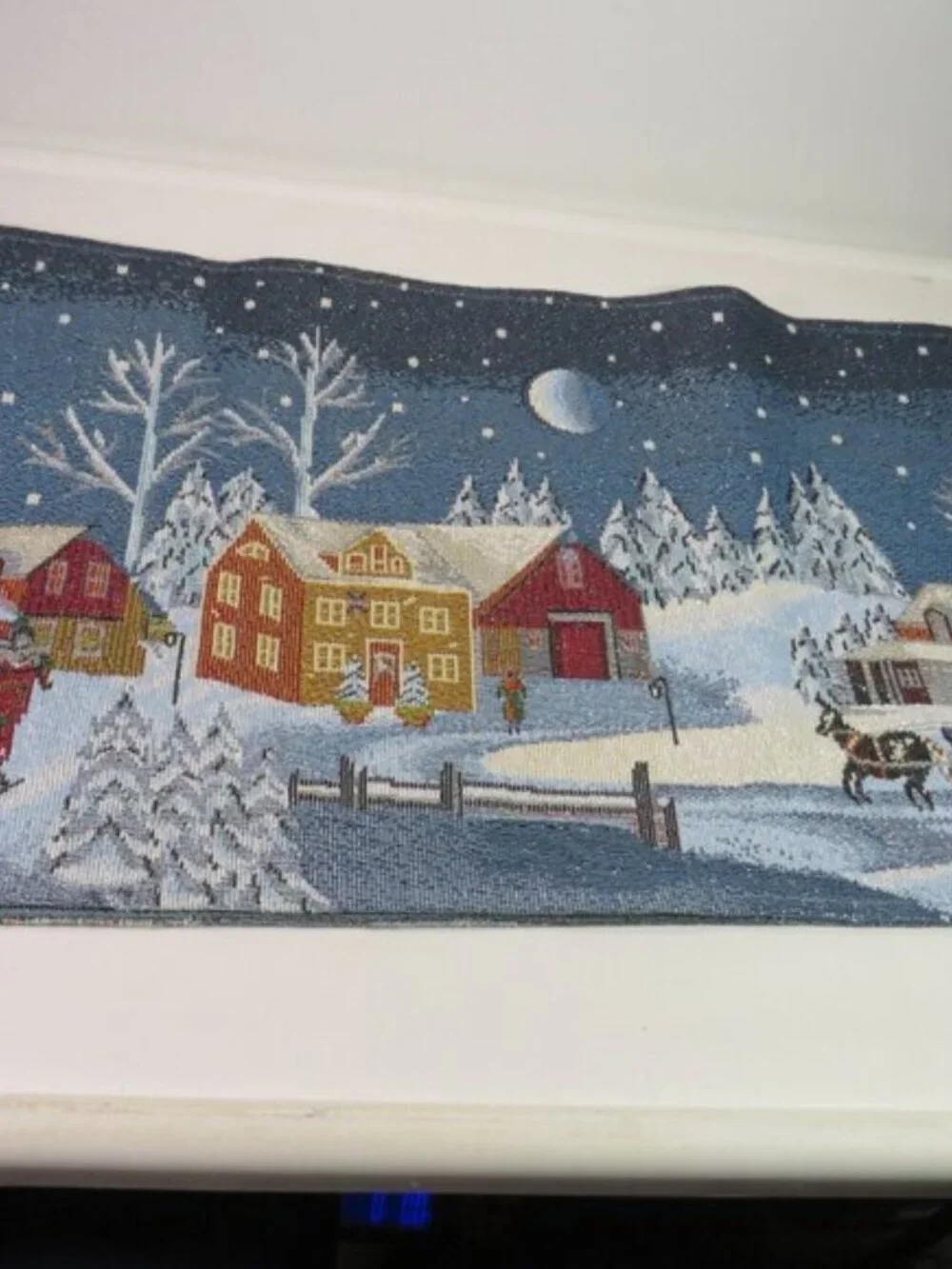 Winter Sleigh Ride Tapestry Table Runner Moonlit Snowy Village, Sparkle Accent